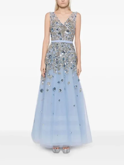 Saiid Kobeisy Ready to Wear Tulle, ankle length dress with dotted beading Blue (1)